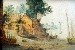 FLEMISH SCHOOL (possibly 17th century) Riverscape with Mill and Boating Oil on panel 19 x 13 cms,