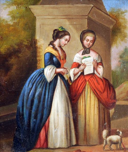 CONTINENTAL SCHOOL (18th/19th century) Two Women and Their Dog Before a Monument in a Park Oil on