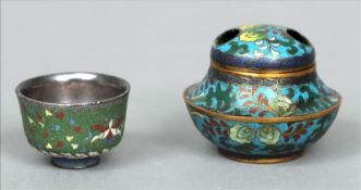 An 18th century Chinese gilt copper and cloisonne censor and cover Together with a silver and