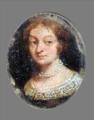 An 18th century miniature portrait of a woman wearing a twin string of pearls Oil on copper,