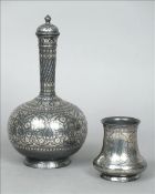 A 19th century Indian bidri ware bottle vase and cover and a similarly worked bidri ware wine cup