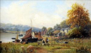 FRANK RAWLINGS OFFER (1847-1932) British River Landscapes with Figures, Boats and Cottages Oil on