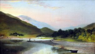 ENGLISH SCHOOL (19th century) Loch Scene and Loch at Sunset Oils on canvas Old labels to verso for