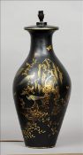 A large decorative papier-mache lamp base The bulbous vase form body decorated with birds with