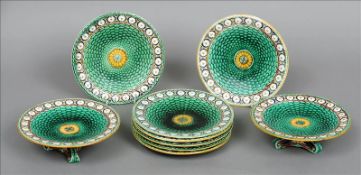 A 19th century Wedgwood majolica dessert service Of green basket weave pattern with band of floral