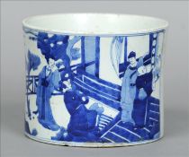 A Chinese blue and white cylindrical brush pot Decorated with various dignitaries and other figures,