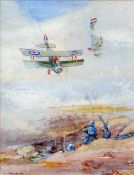 L. CARTWRIGHT (20th century) British Bi-Plane Attacking the German Trenches Watercolour Signed 21.