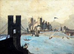 ENGLISH NAIVE SCHOOL (19th century) Figures Boating Before a Castle Gate Watercolour heightened with