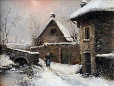 JEAN BAIN (19th/20th century) French Riverscape; and Figure in a Snowy Village Oil on canvas One