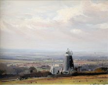 *AR JOHN DELLER (20th century) British Jack and Jill Windmills, Clayton, Sussex Downs Oil on board