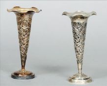 A pair of late 19th/early 20th century Chinese silver specimen vases The crimped top rims above