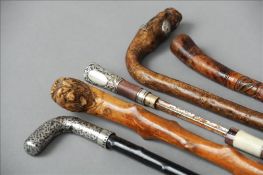 A small collection of various walking sticks Including: a white metal handled sword stick, a