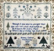A 19th century needlework sampler by Emma Cotton, dated 1829 Worked with a verse amongst floral