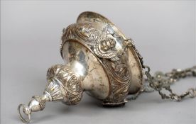 A 19th century silver plated thurible The chained vessel of typical form and decorated with cherubs.