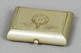 A Victorian silver plated "trick" snuff box The domed rectangular box with an engraved hinged lid