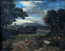 Manner of NICOLAS POUSSIN (1594-1665) French Figures Resting in an Italianate Landscape Oil on