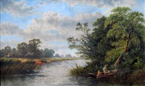 C. BASSETT (19th/20th century) British Riverscape With Figures Punting and Cattle Watering Oil on