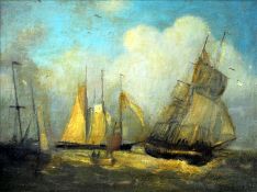 ENGLISH SCHOOL (19th century) Shipping in Choppy Waters Oil on canvas laid on board 33 x 25 cms,