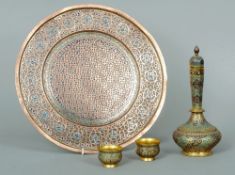 A 19th century Kashmiri gilded copper and enamel tray With pierced rim; together with a similarly