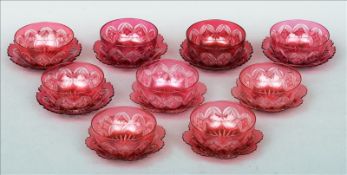 A harlequin set of nine Richardsons of Stourbridge intaglio cut cameo finger bowls and stands Each