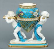 A 19th century Minton porcelain figural amphora vase Modelled as two putti shouldering a large