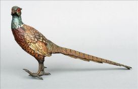 A large cold painted bronze model of a pheasant The cock bird modelled naturalistically standing. 29