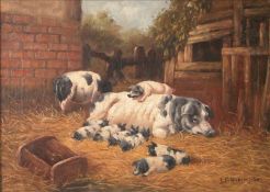 After JOHN FREDERICK HERRING, Senior (1795-1865) British Sow and Piglets in a Pigsty Oil on canvas