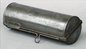 A 19th century metal candle box Of cylindrical section. 26 cms long. Generally in good condition,