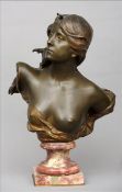An Art Nouveau style bronze bust Modelled as a semi-naked young lady with flowing hair, standing