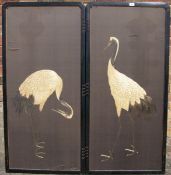 A Chinese lacquered two fold screen The silk work panels depicting cranes, the reverse with