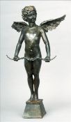 An early 20th century bronze figure of a cherub Modelled with wings spread holding a bow, standing