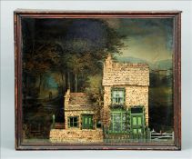 A 19th century cork diorama Modelled as a farmhouse with figures and animals amongst a rural