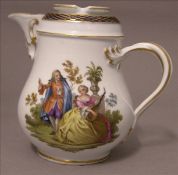An early 20th century Meissen small coffee pot. The baluster body decorated with Watteau scenes,