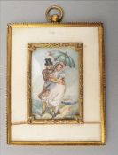 A 19th century gilt and ivory framed miniature on ivory Depicting a courting couple beneath a