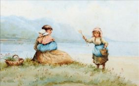 B. DAVIS (19th/20th century) British Mother and Children in a Coastal Landscape Watercolour Signed