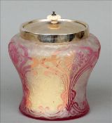 An Art Nouveau silver mounted coloured glass biscuit barrel, hallmarked Chester 1917, maker`s mark