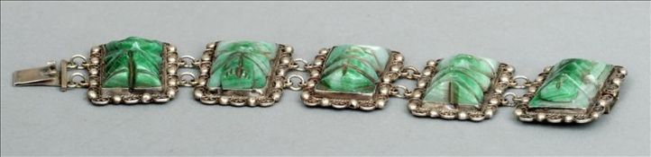 Five various pieces of Mexican silver, jade and hardstone mounted jewellery Including: two bracelets