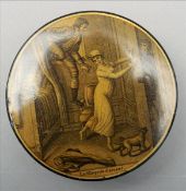 A 19th century papier mache snuff box Of circular form, the cover printed with La Fille Prise D`