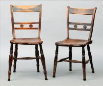 A harlequin set of seven early 19th century elm seated country chairs With triple bar back and