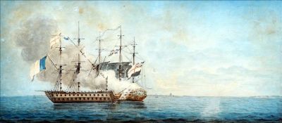 ENGLISH SCHOOL (19th century) British Man-of-War De-masting a French Battle Ship Watercolour 49.5