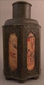 A Chinese patinated pewter tea cannister Decorated with porcelain panels. 17.5 cms high. Some