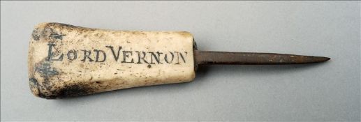 A 19th century bone handled hoof pick Inscribed Lord Vernon, Jany 1832. 11.5 cms long. Some