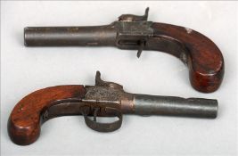 Two early 19th century muff pistols One with folding trigger. The largest 18 cms long. (2) Rust