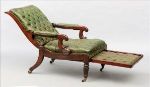 An early 19th century mahogany framed leather `Daws Patent` reclining open armchair The buttoned