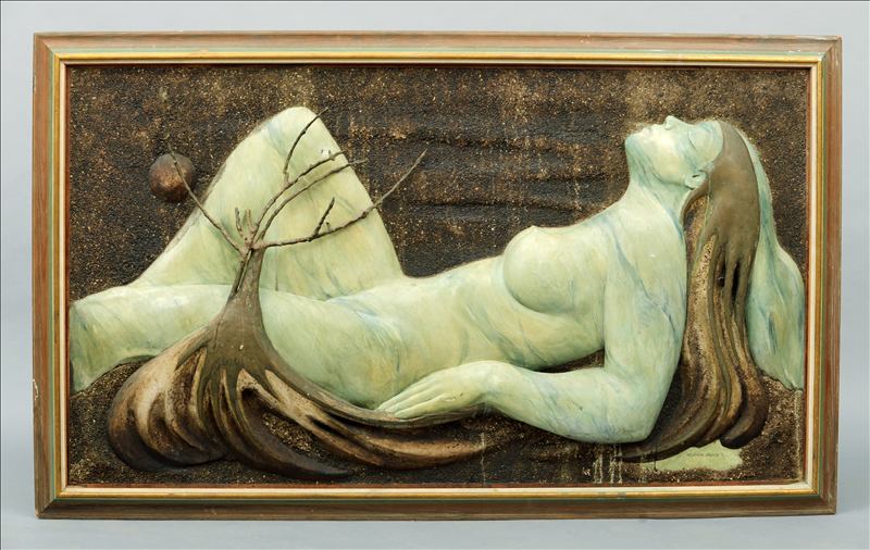 *AR MALCOLM MORRIS (20th century) British Reclining Nude Large relief moulded panel finished in pale