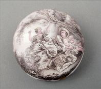 A Continental silver gilt and enamel box The lid decorated with a family in a landscape, the base