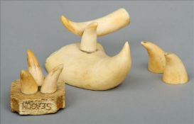A small ashtray Formed from whale bone, the legs made from whale`s teeth, inscribed Peru Season