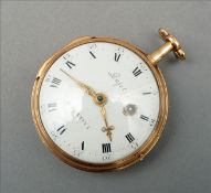 An unmarked 18 ct gold verge escapement pocket watch The white enamel dial with Roman and Arabic