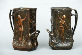 JEAN GARNIER (1853-1910) French A pair of Art Nouveau bronze flower vases Each of rectangular