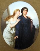A 19th century Continental porcelain plaque Painted with two classically dressed maidens on a